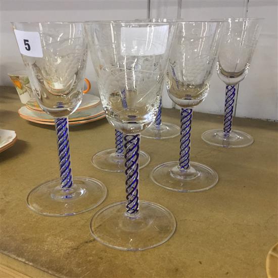 Set of 6 etched blue stemmed glasses